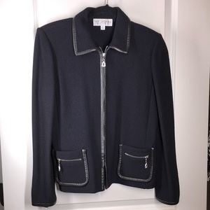 St JOHN'S 4 Black knit jacket trimmed in leather zipper accents